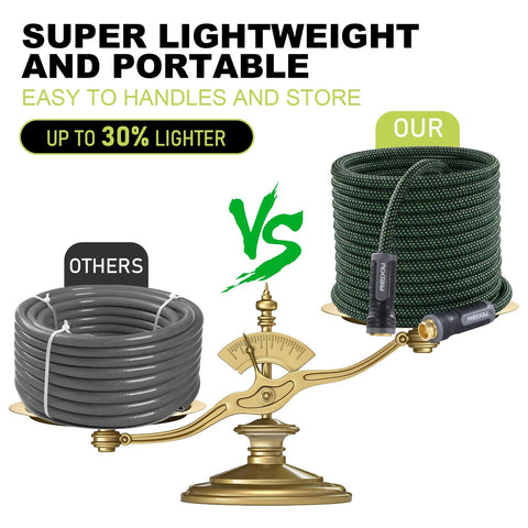 Relxitl garden hose, green 100ft, lightweight with 10-function spray nozzle; shown beside grey hose for comparison.