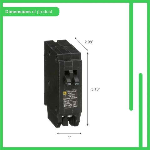Dimensions of Homeline Tandem Circuit Breaker 20 Amp Dual Single Pole With 10kA Interrupt Rating, Easy Plug On Design.