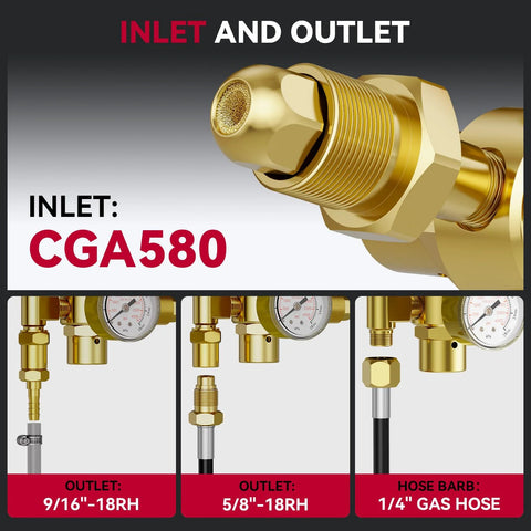 ARCCAPTAIN gas regulator for inert MIG/TIG welding with 8.2 ft hose, CGA580 inlet, 0-4000 PSI, 0-180+ CFH
