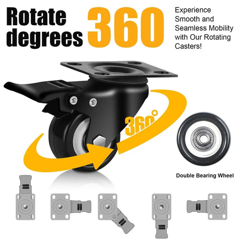 Two Inch Caster Wheels Set Of Four With Silent Polyurethane Tread, Heavy Duty Swivel Plate Casters For Cart, Black Finish