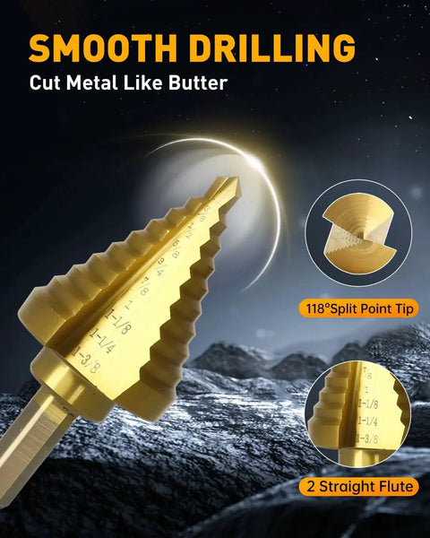 Titanium Coated Step Drill Bit For Metal With Double Cutting Blades And HSS Construction, Short Length Unibit From 1/4 In To 1-3/8 In, Pro Grade For Steel Aluminum Copper Plastic Wood, Multi Material Drilling, 10 Size Set By COMOWARE shown with split point tip and straight flutes