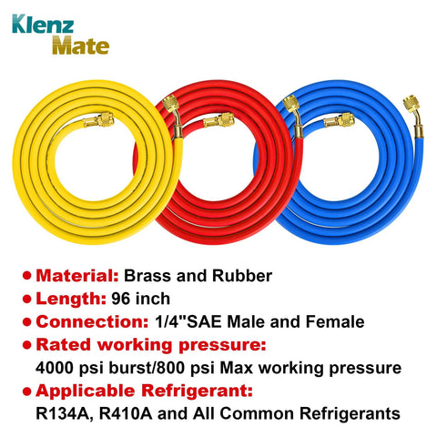 Three 96-inch refrigerant charging hoses in yellow, red and blue with 1/4 SAE male/female brass fittings.