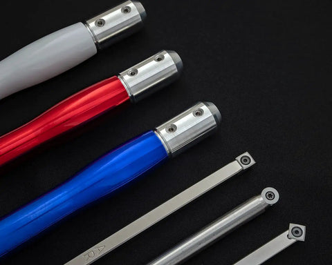 Turning Acrylic and Resin on a Wood Lathe Made Easy With This 3 Tool Carbide Set for Hybrid Projects Featuring 9 Inch Tools and 12 Inch Colorful Handles USA Made Shearing Cut Tools for Clean Consistent Results, showing colorful handles and carbide cutter heads.