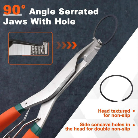 9 Inch Angle Tip Lock Ring Pliers With Hole For Circlip Removal And Installation shown in close-up with 90° serrated jaws.