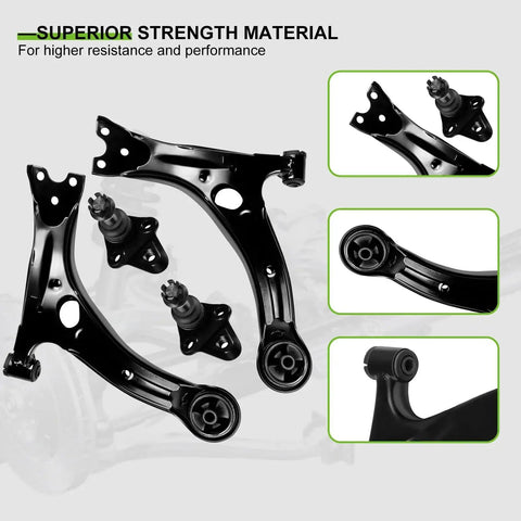 SCITOO 12-piece front suspension kit components: black lower control arms, ball joints, inner/outer tie rod ends, sway bar end links