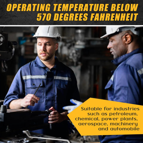 Industrial workshop scene with two workers in blue coveralls and white hard hats inspecting machinery.