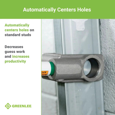 One Stroke Manual Metal Stud Punch Tool 1-11/32 Inch with aluminum head shown creating hole in 20 gauge steel stud