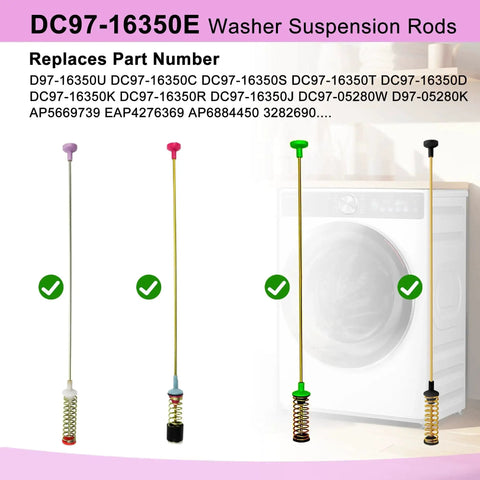 Set of four metal suspension rods with springs and colored tops for Samsung top-load washers, shown beside a washer.