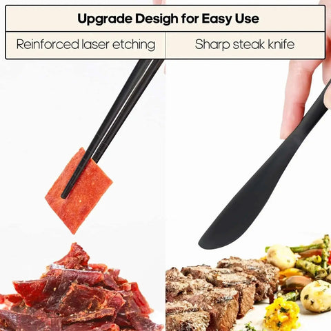 Stainless Steel Travel Utensil Set With Case 5 Piece Silverware Fork And Spoon For Work Lunch Picnics Camping Grab And Go Reusable Cutlery Black Ideal For Gourmets And Busy Mornings showing chopsticks and knife handling food.