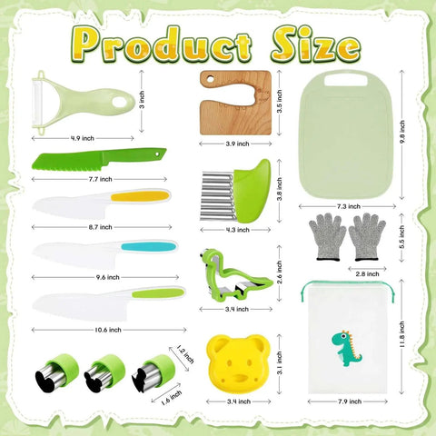 Real Cooking Kids Knife Set With 15 Piece Montessori Kitchen Tools For Safe Learning, shown with product sizes.