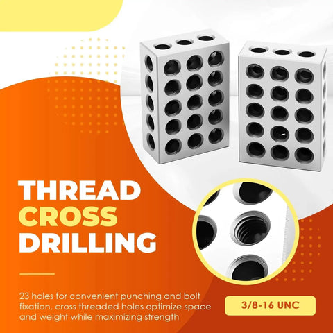 1-2-3 Inch Block Set With 23 Holes.0002 Inch Tolerance, Precision Ground And Case Hardened On All Sides, displayed on a graphic background