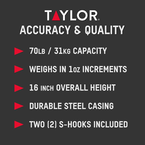 Image displaying features of Dial Style 70-Pound Heavy-Duty Industrial Hanging Scale with 70lb capacity and durable steel casing.