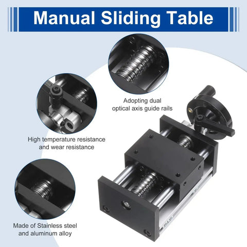 Beefy 50mm Travel Manual Sliding Linear Stage With Ball Screw SFU1605 showcasing dual optical axis guide rails and hand wheel.