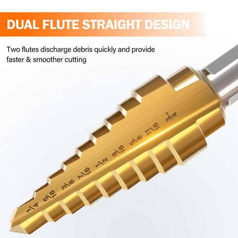 Step Drill Bit Set With 28 Size Options For Metal Wood And Plastic Titanium Coated HSS Double Cutting Blades Close-up View