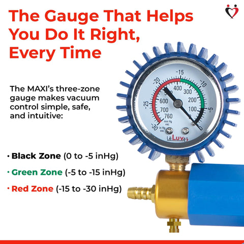 LeLuv Maxi vacuum pump gauge, blue housing with rubber-protected pressure dial and brass connector