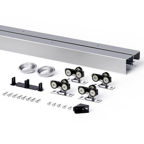 Bypass Pocket Door Hardware Kit 6 Foot 72 Inch Double Sliding System with aluminum track and quiet glide rollers