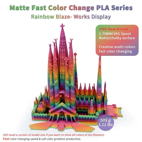 3D printed model using Rainbow Blaze Matte Color Changing PLA Filament, showcasing fast color shift and smooth matte finish.