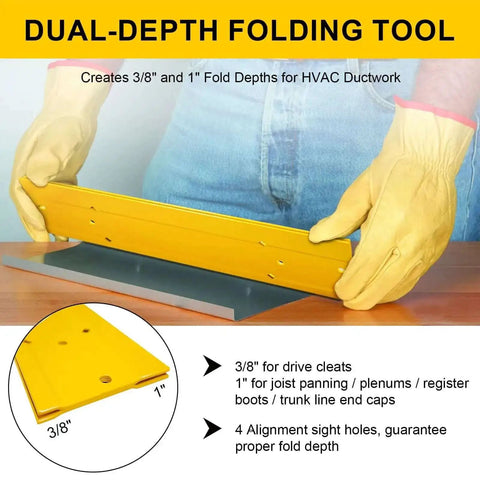 Person using 12 Inch Sheet Metal Bending Tool for HVAC ductwork, showing two fold depths of 3/8 inch and 1 inch on metal sheet.