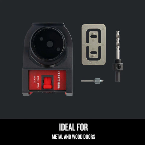 Easy Install Bi Metal Door Lock Kit For Wood And Metal Doors With Self Centering Jig And Adjustable Two And Three Eighths Inch And Two And Three Quarters Inch Backsets For Fast Accurate Install Craftsman CMAH1MDL Six Piece Door Lock Installation Kit components on display
