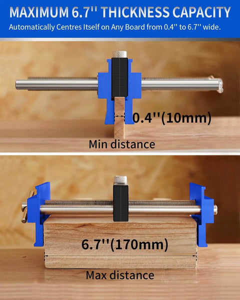 Pro-Grade 6.7 Inch Self Centering Dowel Jig Kit with wide capacity doweling jig and drill guide showing min and max distances on wood