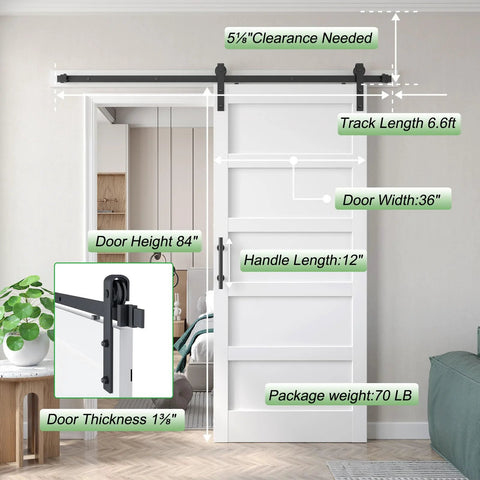 36x84 Inch White Barn Door With Six Point Six Foot Sliding Hardware Kit Included And Handle Five Panel Fits 33 To 34 Inch Opening Solid MDF PVC Surface Waterproof Scratch Proof Durable DIY Assembly installed view with dimensions labeled.