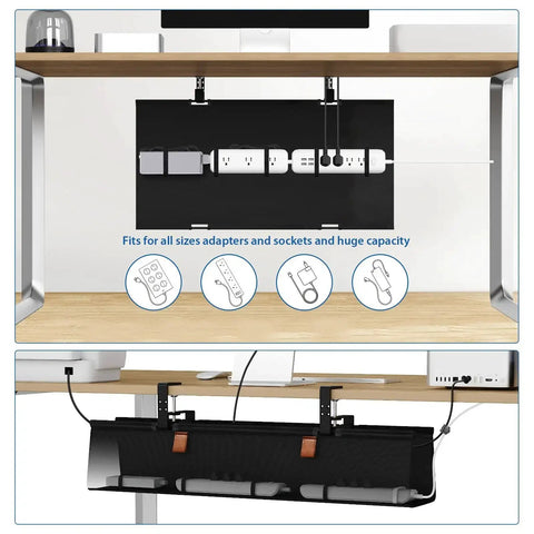 No Drill Under Desk Cable Management Tray 30 Inch Cord Organizer with Table Clamp or Screw Mount shown installed under desk