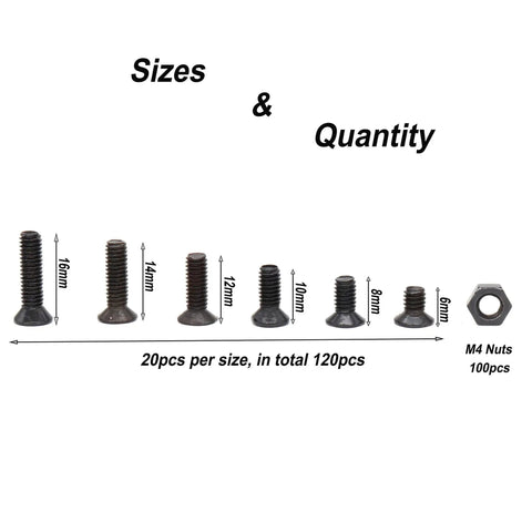 M4 Flat Head Phillips Countersunk Machine Screws And Hex Nuts Set, Black Bolts And Nuts Assortment, 220 Pieces in 6 Lengths