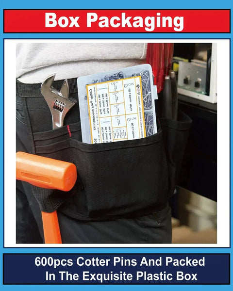 Person wearing tool belt with 600 Pcs Cotter Pins Assortment Kit With 31 Sizes In Premium 304 Stainless Steel box in pocket.