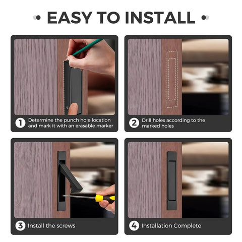 Installation steps for Matte Black Flush Mount Pocket Door Pull Handle With Edge Pull, showing marking, drilling, and screwing process.