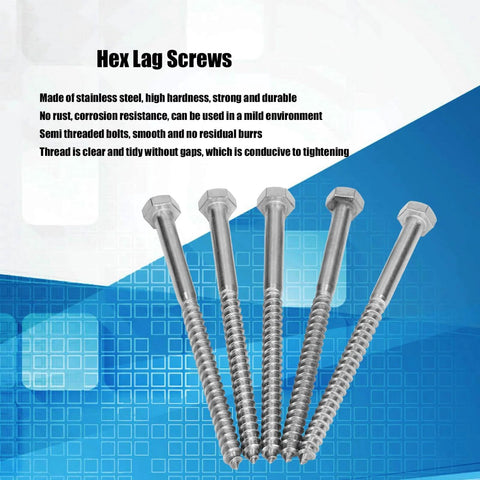 Stainless Steel Half Thread Wood Hex Lag Screws Self Tapping Fasteners For Carpentry Built Tough With High Hardness And Durability DIN 571 Standard M8 130Mm Ideal For Wood Houses Roofs Decking And Framing Projects displayed with text highlighting features