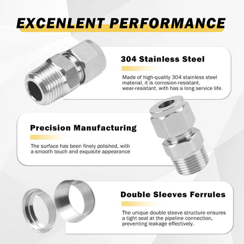 304 stainless steel compression tube fitting adapter 1/8 in NPT male to 6 mm tubing with double ferrules, 2 pcs