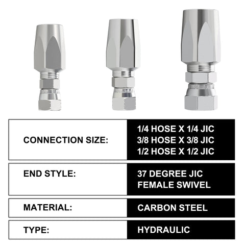 ANCIMOON 4Pcs hydraulic hose repair fittings kit, carbon steel, 37 degree JIC female swivel, fits 1/4, 3/8, 1/2 hose