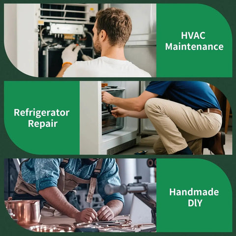 Three images showing HVAC maintenance, refrigerator repair, and a craftsman engaged in handmade DIY projects.