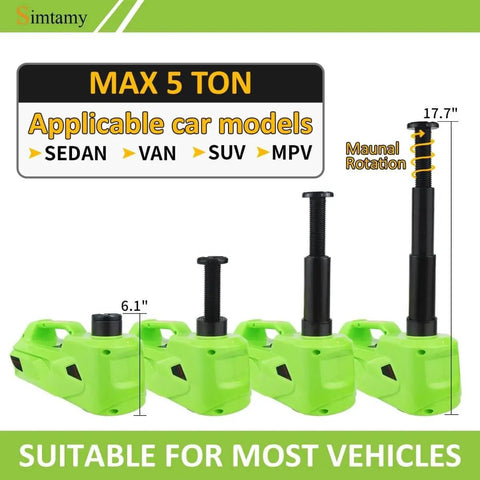 Electric Car Jack 5 Ton 12V Hydraulic Lift With LED Light And Built In Safety Hammer Lifting Range 6.1 To 17.7 Inches Heavy Duty Build