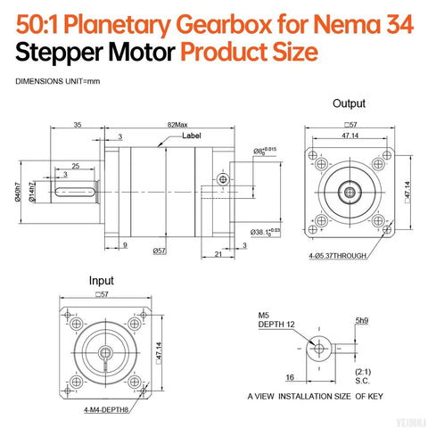 Technical diagram of 50 to 1 Planetary Gearbox for Nema 34 Stepper Motor, showing dimensions for input and output shafts.
