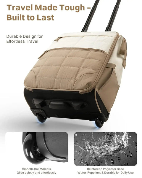 Rolling Puffer Backpack With Wheels For Women, beige and white, reinforced polyester base shown in close-up, for work and travel.