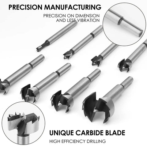 Eight Piece Forstner Bit Set For Woodworking With Center Positioning Delivers Clean Holes Every Time Sizes Range From One Quarter To One And Three Eighths Inch Includes Easy Storage And Fast Drilling For Soft And Hardwood Projects, displayed in silver with close-up details of the carbide blades.