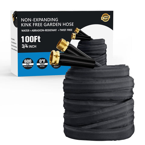 Haeteir 100ft non-expanding garden hose with black fabric exterior and brass fittings, coiled beside box.