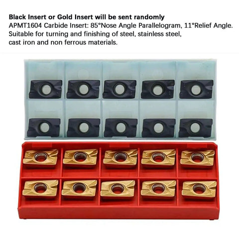 Black and gold APMT1604 carbide inserts in a red and blue plastic organizer box, suitable for CNC milling and turning.