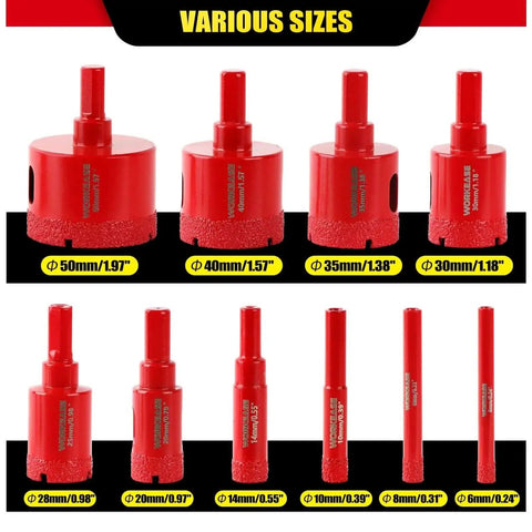 Various sizes of Diamond Hole Saw Kit For Glass Tile Porcelain Ceramic Marble 11 Piece Brazed Hollow Drill Bit Set 0.24 to 2 inches