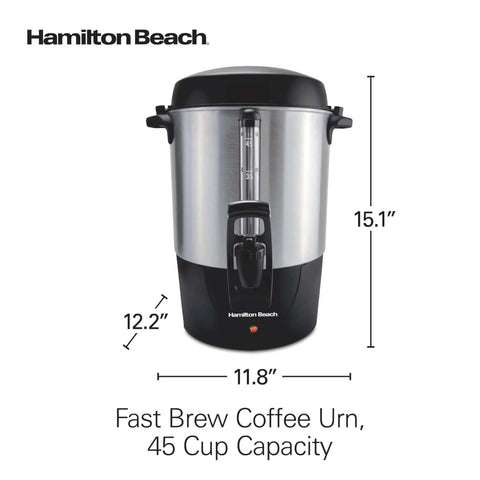 45 Cup Fast Brew Coffee Urn And Hot Beverage Dispenser Great For Large Crowds Keeps Coffee Hot And Ready Brews 15 To 45 Cups In About 28 Minutes Perfect For Offices Events And Big Gatherings, stainless steel and black design, front view.