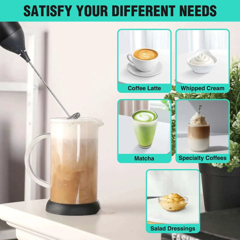 Rechargeable Milk Frother Wand Handheld Electric Foam Maker With USB C Power Detachable Stainless Steel Whisk. Image shows frother making foam.