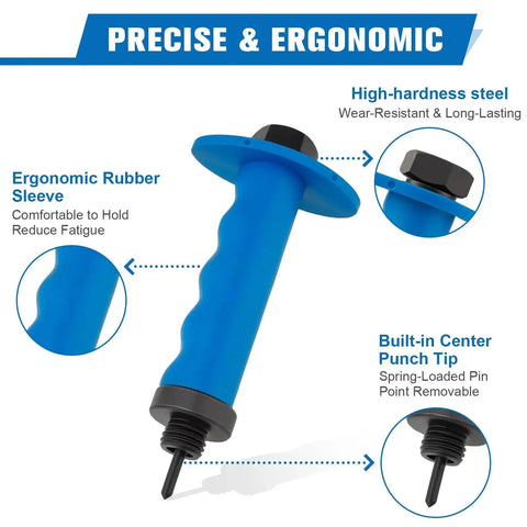 Pro Grade 13 Size Hollow Punch Kit with ergonomic rubber handle and built-in center punch tip for leather rubber plastic and gasket use