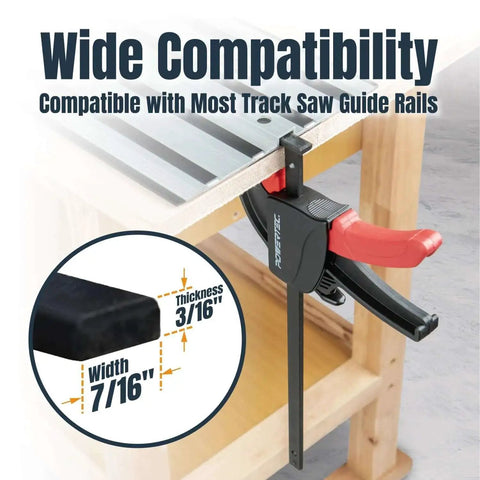 Two Pack Eight And Three Quarters Inch Quick Release Track Saw Track Clamp Set For Guide Rail Systems Grips Tight And No Slip Versatile Woodworking Clamps For T Tracks And Rail Channels Great For Precise Cuts And Fast Securement In Projects POWERTEC clamping onto a wooden table.