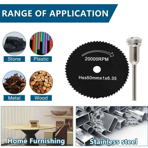 7 Piece HSS Circular Saw Blades Set With One Eighth And One Quarter Inch Mandrels For Mini Rotary Tools shown for various materials