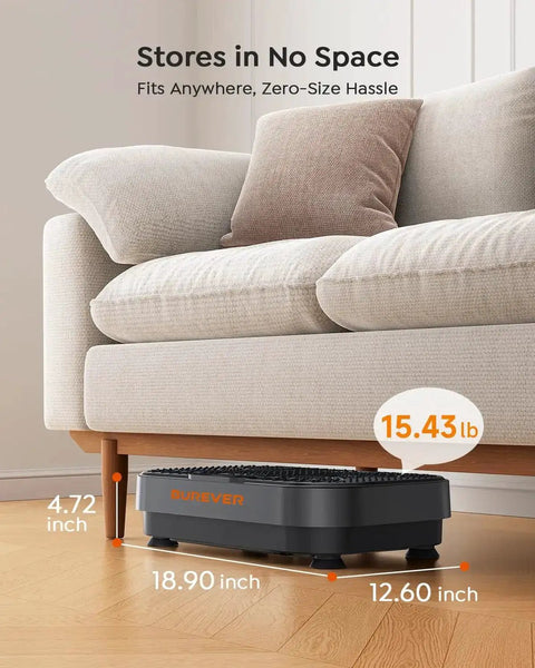 Full Body Vibration Plate For Home Workouts With 99 Adjustable Speeds stored under a sofa, highlighting compact size and weight