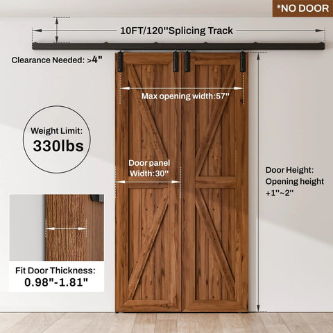 10 Foot Double Barn Door Hardware Kit Box Rail Wall Mount Exterior Beefy Heavy Duty Aluminum Track Supports Up To 330 Lbs Fits Double Doors Up To 60 Inches Wide Single Door Up To 30 Inches Wide Door Thickness One To One And Three Quarters Inches on wall with door measurement details.