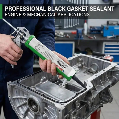 Mechanic applying Black RTV Silicone Gasket Maker High Temp Oil Resistant Heavy-Duty Sealant for Auto Engines, 10.14 Fl Oz Cartridge