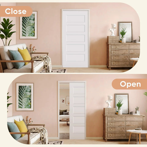 36 By 80 Inch Sliding Pocket Door Kit With Track Hardware And Frame, White Paintable Door Slab Included, shown closed and open