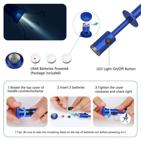Instructional diagram of Magnetic Four Claw Grabber Tool With Bendable Hose Reacher And LED Lights showing battery insertion and use.